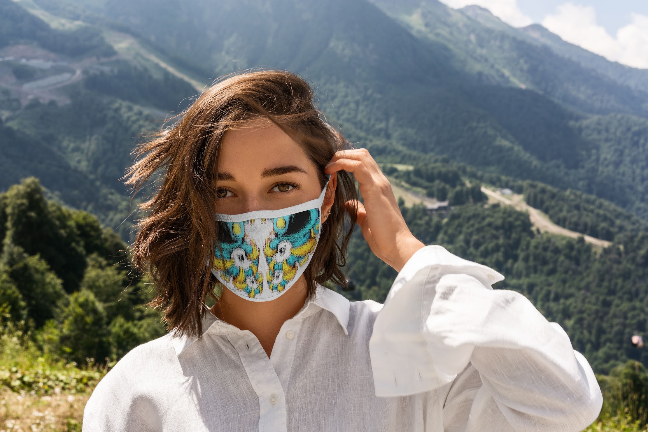 Product image of a person wearing a custom printed mask outdoors
