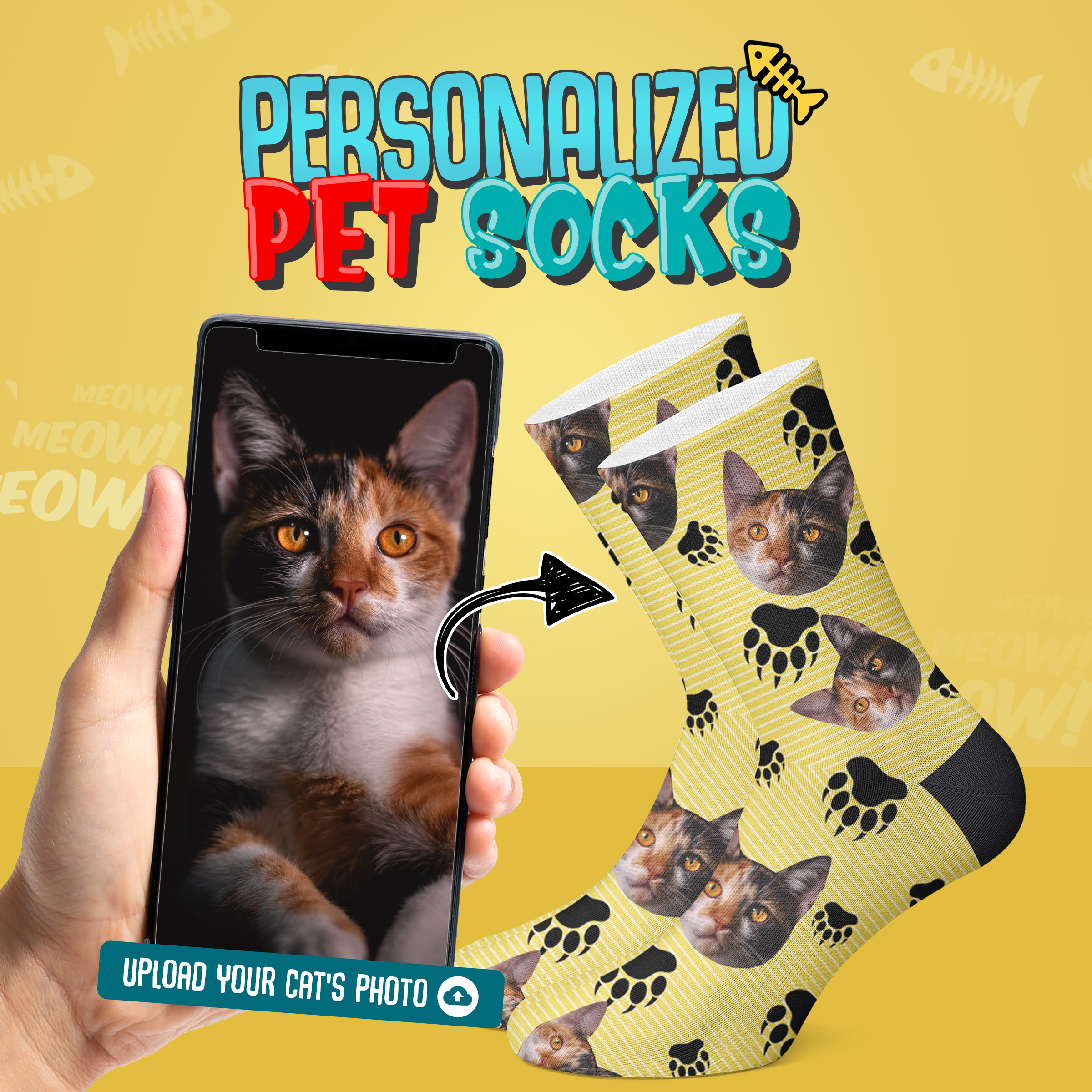 Product artwork showing a cat photograph turned into a personalized sock design