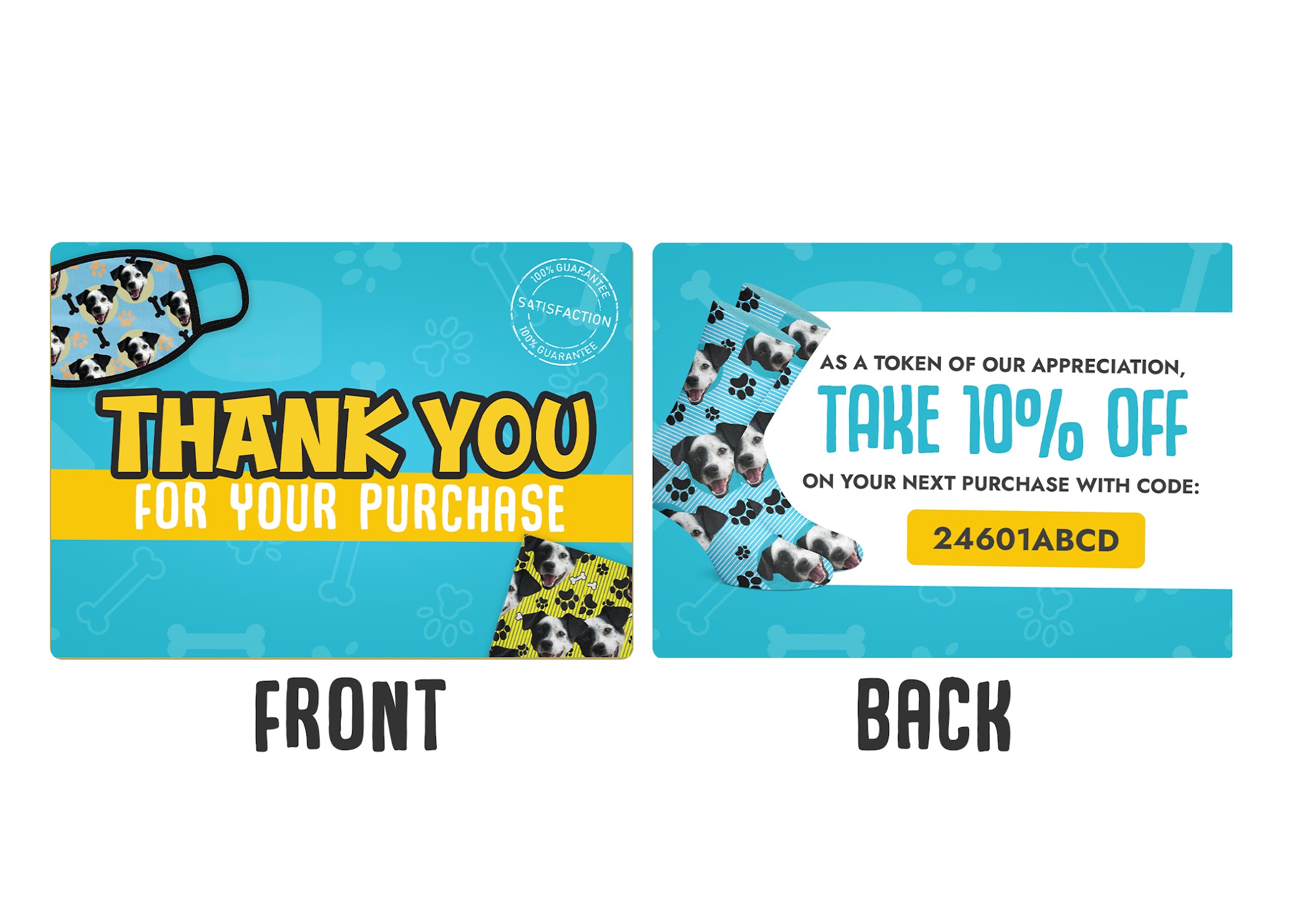 Front and back of a thank-you insert with personalized pet products and a historical discount offer